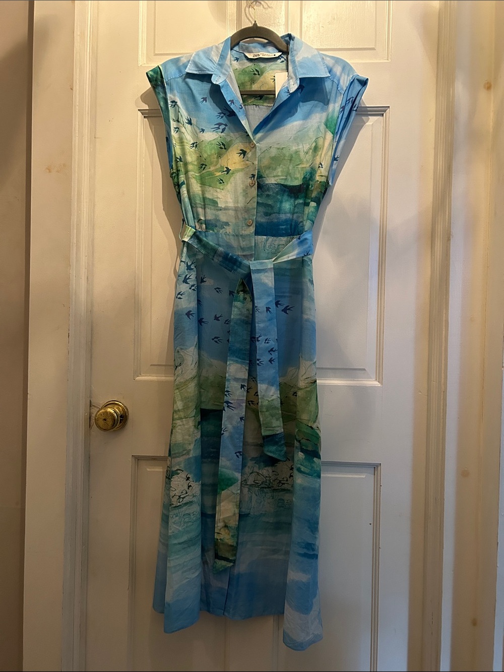Zara Blue & Green Watercolor Shirt Dress with Belt